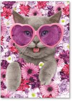 Cat with glasses on a bed of flowers.