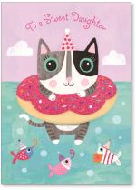 Cat swimming in a donut floaty with fish.