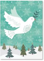 Dove above trees with snowflakes