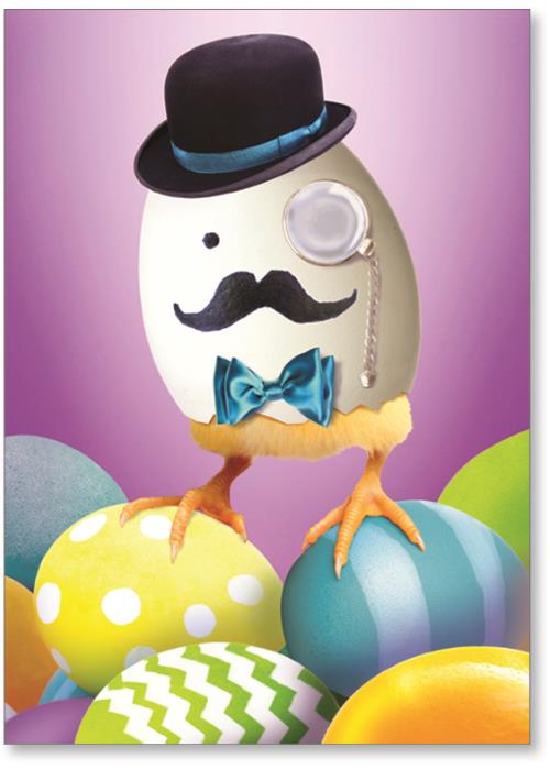 Dapper chick atop Easter eggs.