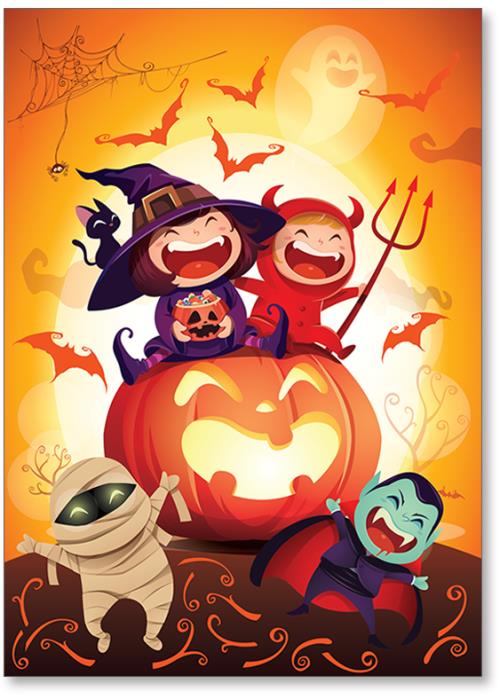 Kids in costumes on pumpkin