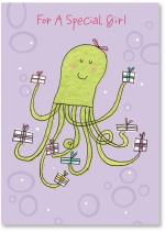 octopus wearing party hat and holding  presents