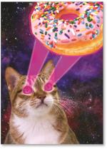 Cat shooting a donut with laser eyes.