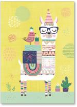Llama with gifts, a bird and cacti.