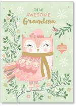 Pink owl with a hat, small blue bird and leaves.