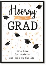 Gold confetti and tossed grad hats